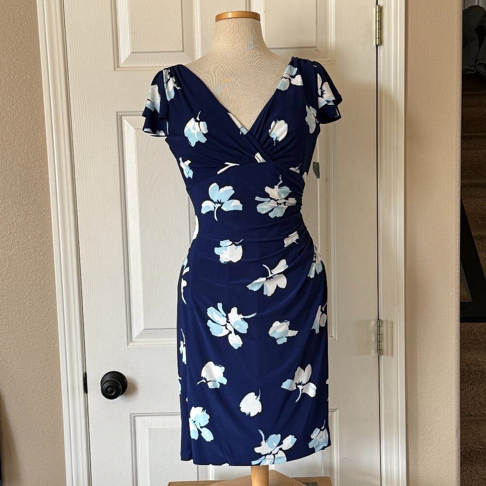 NWT Womens Lauren Ralph Lauren Flo ral Print Ruched Petite Short Sleeve Dress